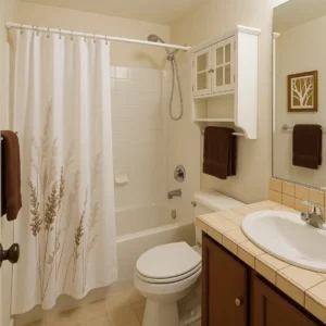 Affordable bathroom upgrade with tiled vanity, wall-mounted storage, and shower curtain, ideal for small space renovations by local pros
