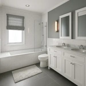 Elegant bathroom with dual-sink vanity, glass shower enclosure, and white subway tile design for custom renovation projects