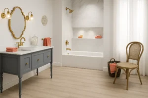 Bright and elegant bathroom with marble shower surround, vintage-style vanity, and gold fixtures perfect for luxury upgrade projects