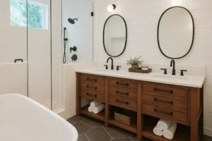 Rustic-style bathroom with double-sink wood vanity, matte black fixtures, glass shower enclosure, and shiplap walls ideal for farmhouse-inspired remodels