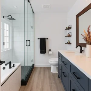 Transitional bathroom with glass walk-in shower, freestanding tub, navy vanity with black hardware, and wood-look flooring ideal for mid-range renovation upgrades